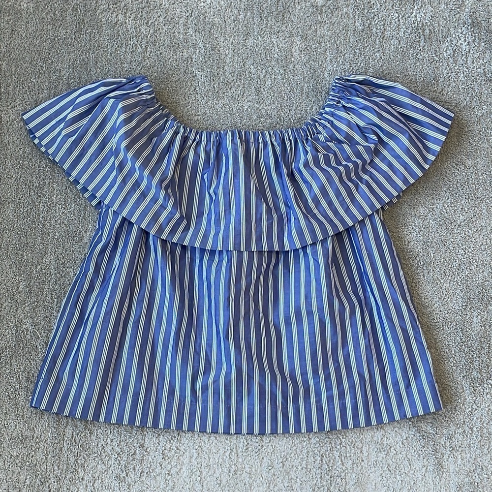 EC Wilfred Off the Shoulder Navy White Stripe Ruffled Top - Size Small - Picture 2 of 3